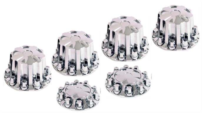 Complete 5-Spoke ABS Axle Cover Kit, 2 Front & 4 Rear, Chrome, w/Removable Cap, 33 mm Threaded Flat Top Hex Nut Covers, w/Removal Tool