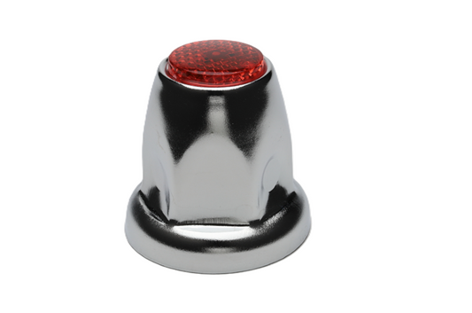 Nut Cover, 33 mm Diameter, 1-13/16" Height, Chrome, w/Flange, Red Reflector, Blister Pack
