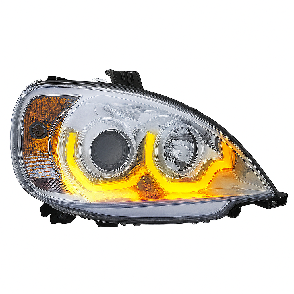 Passenger Side, Chrome Housing, Halogen, Projection Low Beam, Dual Amber LED Light Bars w/turn signal function