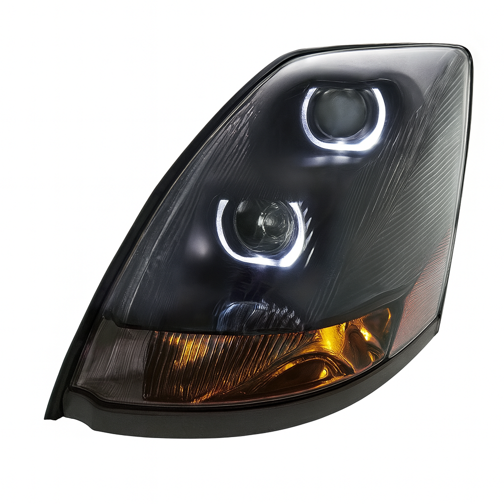 Driver Side Projection Headlight, Black Housing,Halogen, Black, Halo DRL's, Amber Refl