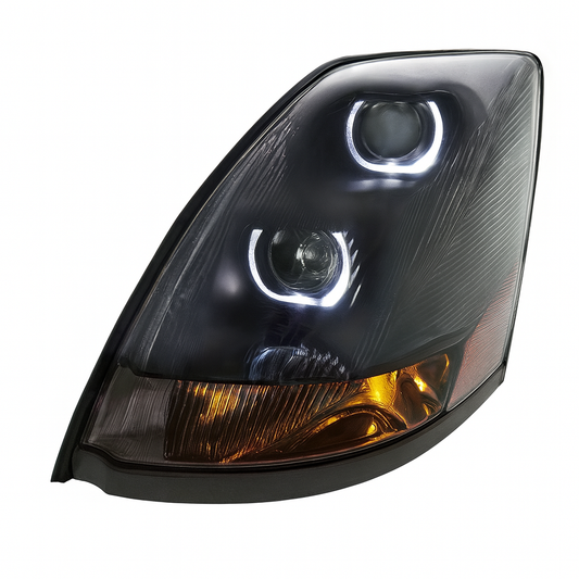 Driver Side Projection Headlight, Black Housing,Halogen, Black, Halo DRL's, Amber Refl