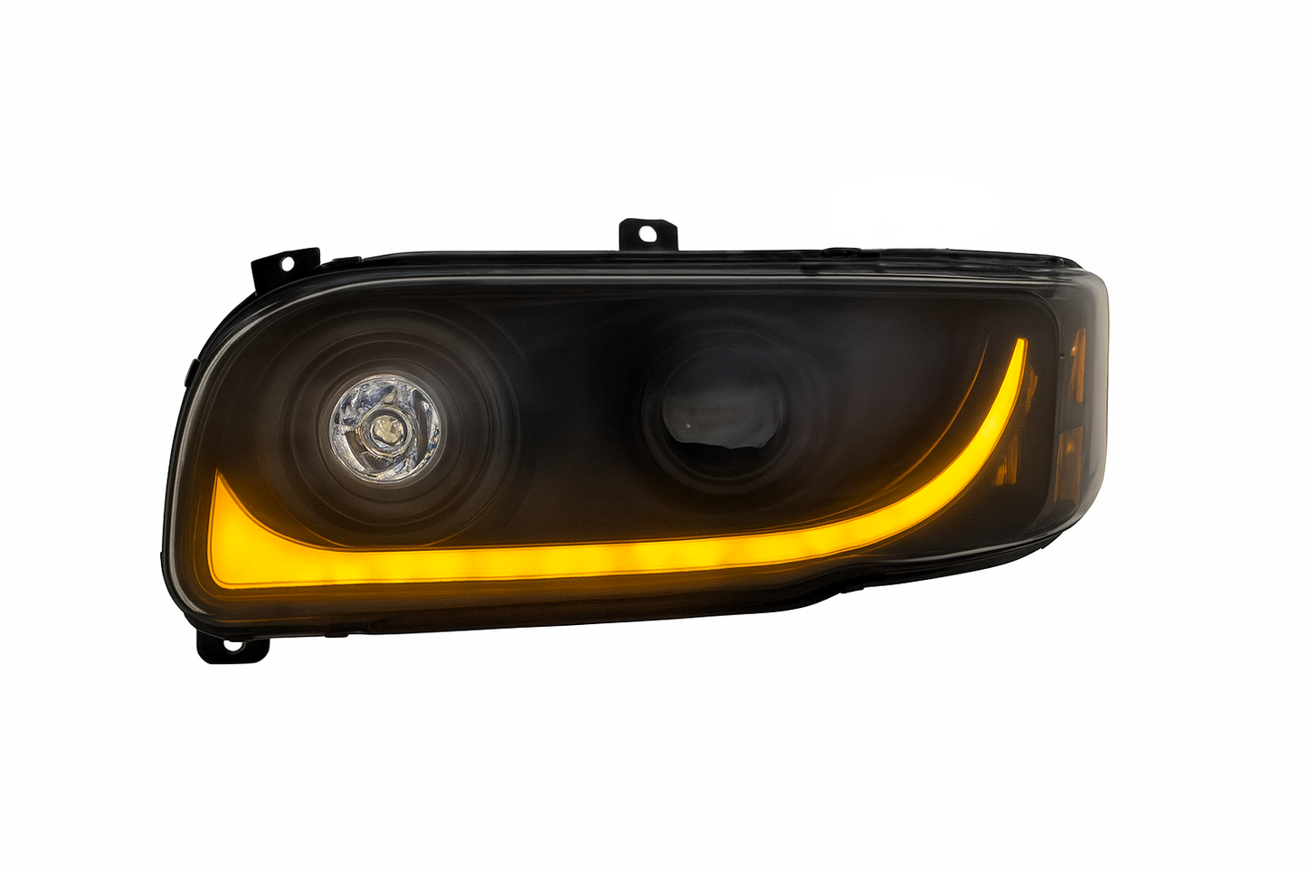 Driver Side, Black Housing, LED Low and Hi Beam, Projection low beam, White LED Light Bar w/Amber turn signal function