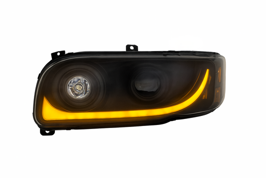 Driver Side, Black Housing, LED Low and Hi Beam, Projection low beam, White LED Light Bar w/Amber turn signal function