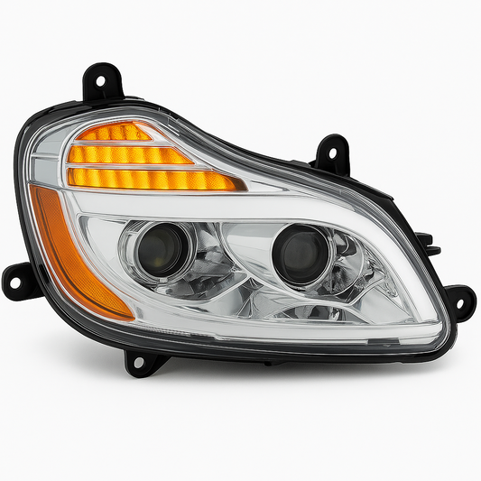Passenger Side, Chrome Housing, Projection Low & Hi Beam, Full LED, w/Amber Refl and Light Bar