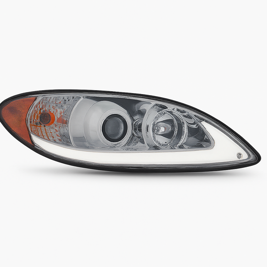 Passenger Side, Halogen Projection Headlight, Chrome Housing, White LED Light Bar