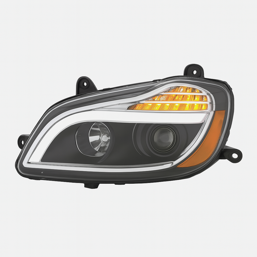 Driver Side, Black Housing, Halogen with Amber Refl and Light Bar