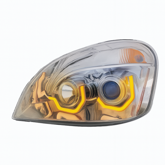 Driver Side, Halogen, Chrome Housing, Amber LED light bar with turn signal function, Amber LED DRL