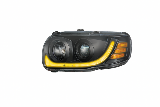 Driver Side, Black Housing, Halogen with Projection low beam,White  LED Light Bar w/Amber turn signal function