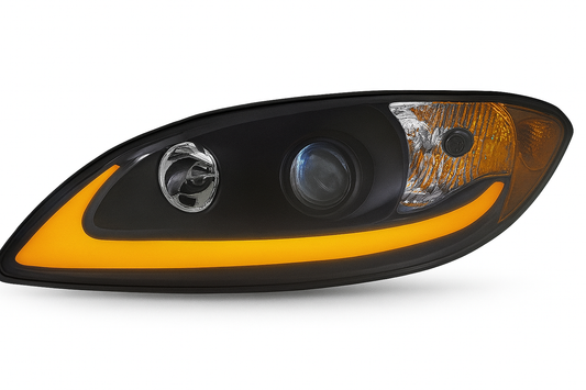Driver Side, Halogen Projection Headlight, Black Housing, Amber LED Light Bar w/Turn Signal Function