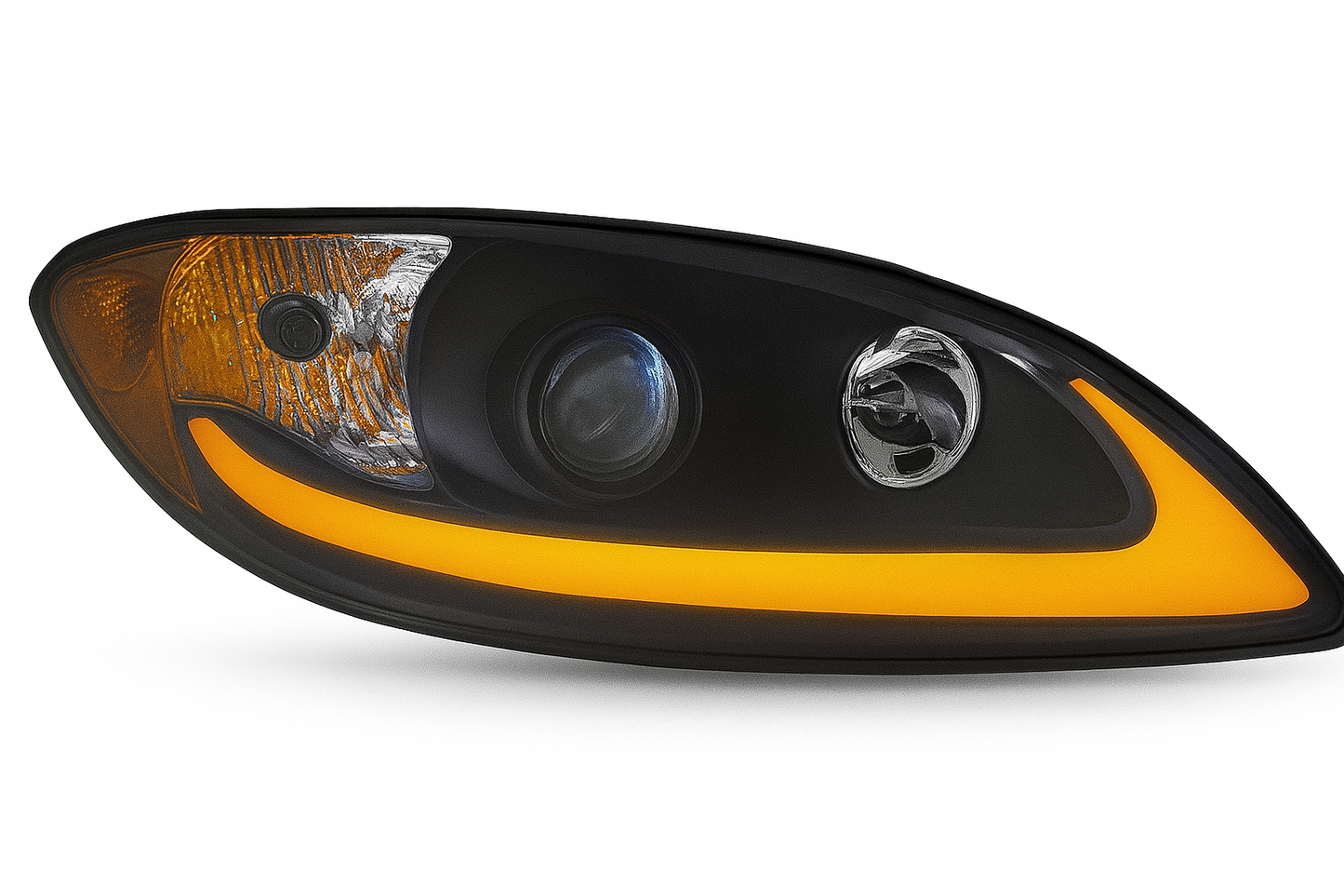 Passenger Side, Halogen Projection Headlight, Black Housing, Amber LED Light Bar w/Turn Signal Function