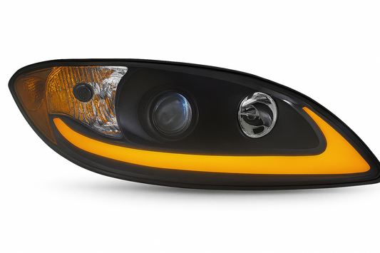 Passenger Side, Halogen Projection Headlight, Black Housing, Amber LED Light Bar w/Turn Signal Function