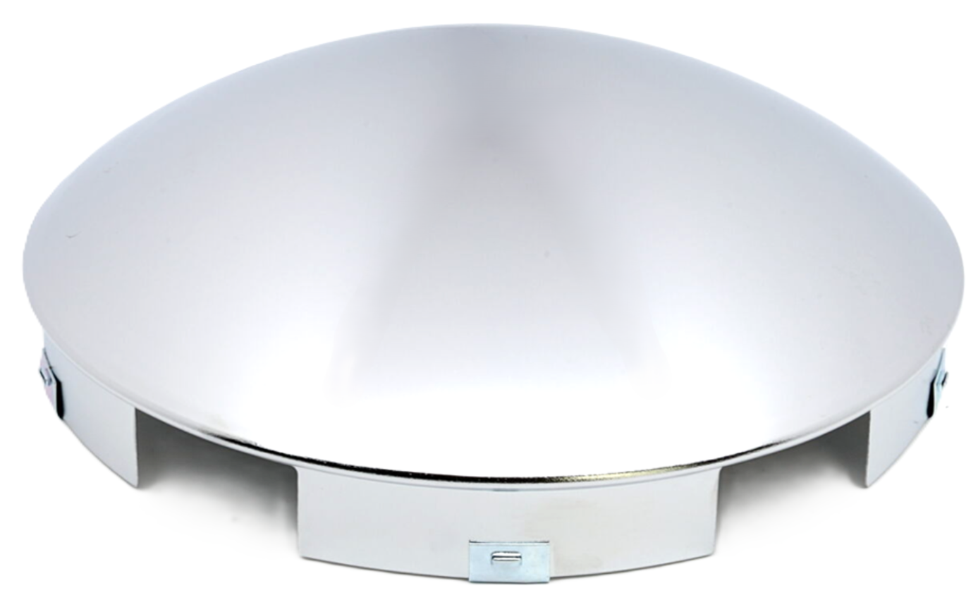 Front Hub Cap- 6Notch Uneven, 8.72" OD, 3.08" Height, Chrome, Baby Moon