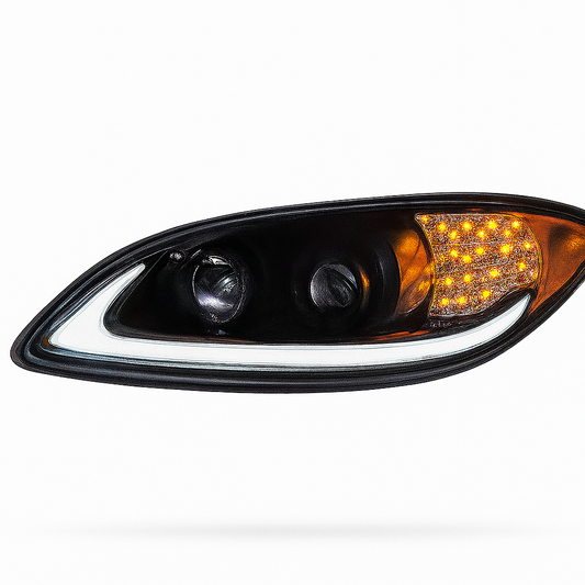 Driver Side, Halogen Projection Headlight, Black Housing, White LED Light Bar, LED Turn Signal