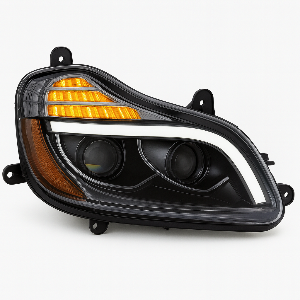 Passenger Side, Black Housing, Projection Low & Hi Beam, Full LED, w/Amber Refl and Light Bar