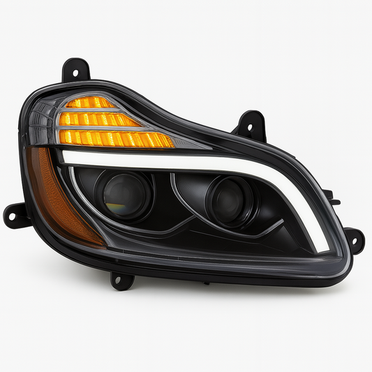 Passenger Side, Black Housing, Projection Low & Hi Beam, Full LED, w/Amber Refl and Light Bar