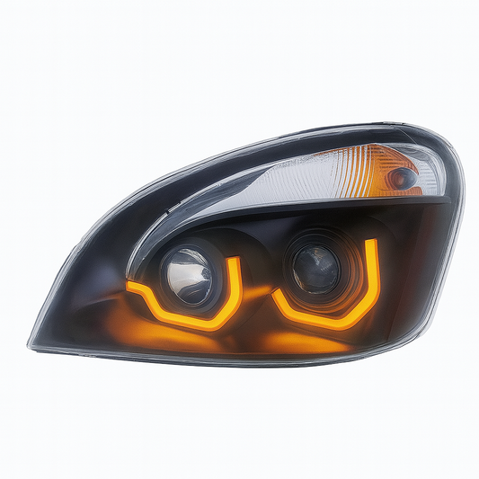 Driver Side, Halogen, Black Housing, Amber LED light bar with turn signal function, Amber LED DRL