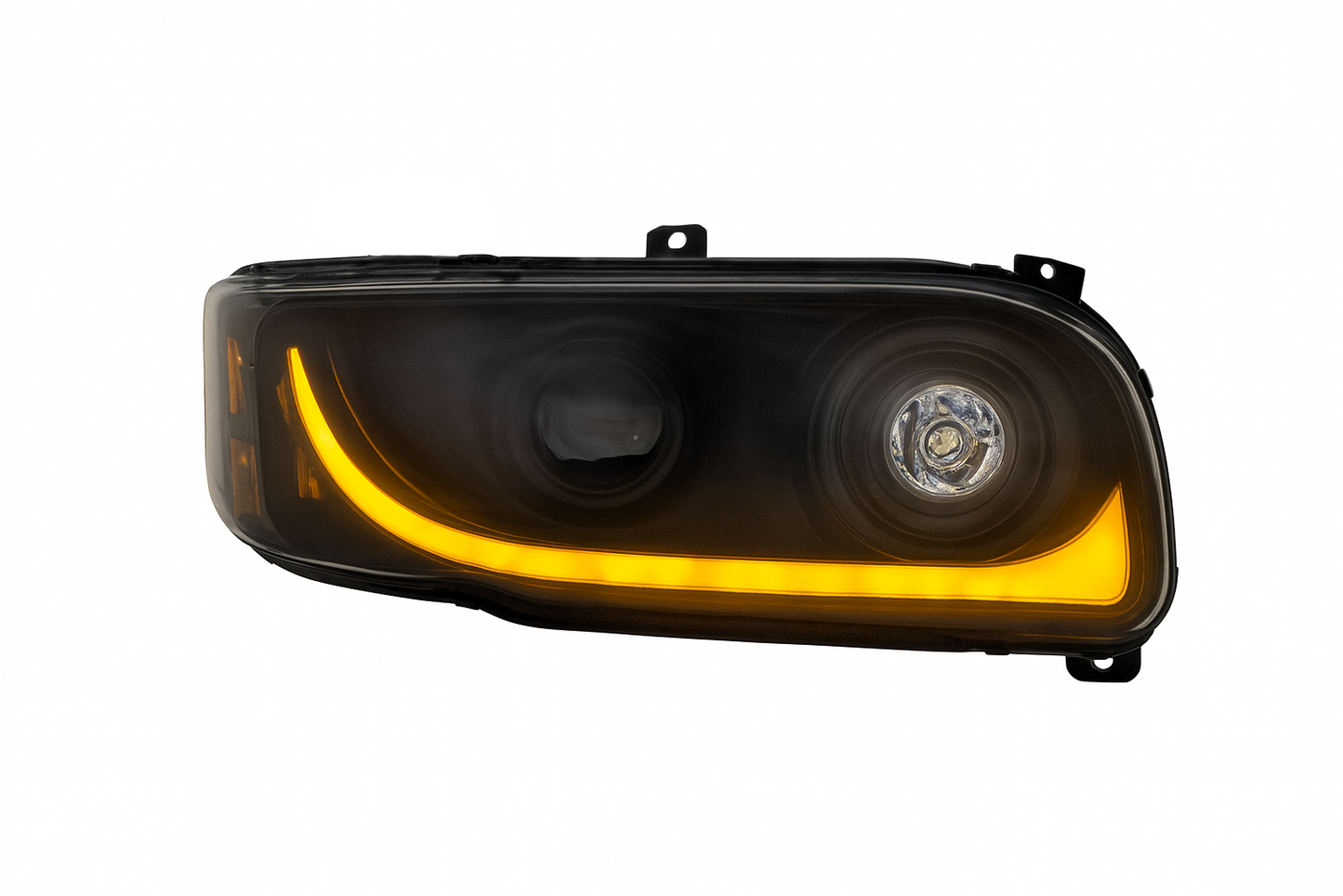 Passenger Side, Black Housing, LED Low and Hi Beam, Projection low beam, White LED Light Bar w/Amber turn signal function