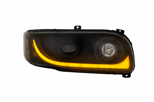 Passenger Side, Black Housing, LED Low and Hi Beam, Projection low beam, White LED Light Bar w/Amber turn signal function