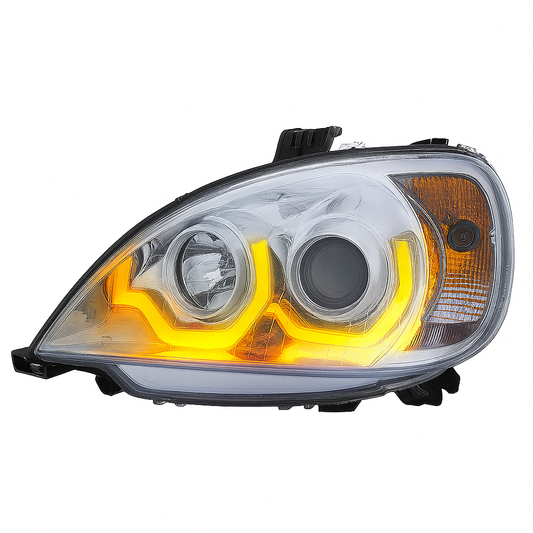 Driver Side, Chrome Housing, Halogen, Projection Low Beam, Dual Amber LED Light Bars w/turn signal function