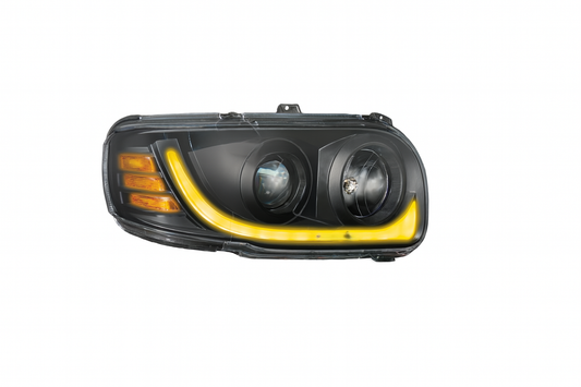 Passenger Side, Black Housing, Halogen with Projection low beam, White LED Light Bar w/Amber turn signal function