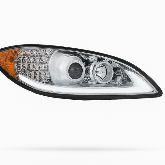 Passenger Side, Halogen Projection Headlight, Chrome Housing, White LED Light Bar, LED Turn Signal