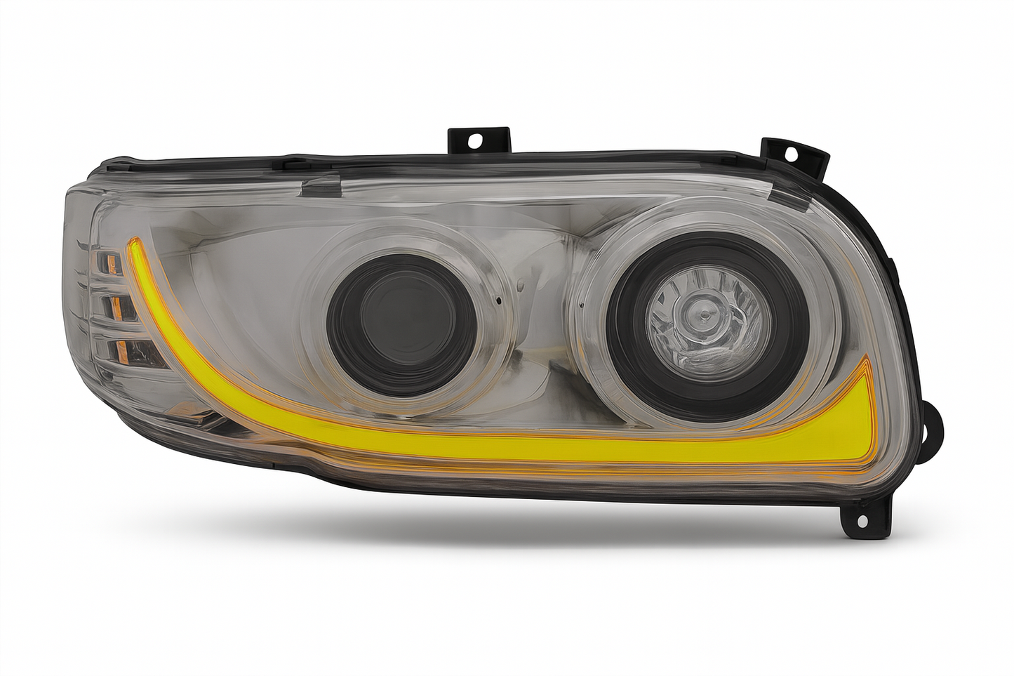 Passenger Side, Chrome Housing, LED Low and Hi Beam, Projection low beam, White LED Light Bar w/Amber turn signal function