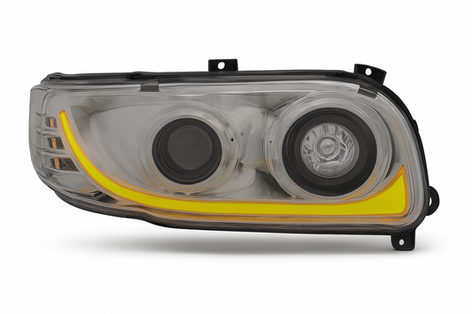 Passenger Side, Chrome Housing, LED Low and Hi Beam, Projection low beam, White LED Light Bar w/Amber turn signal function