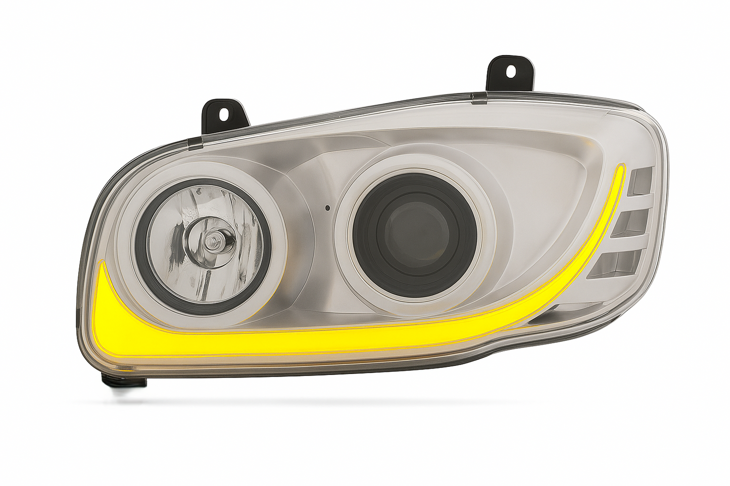 Driver Side, Chrome Housing, Halogen with Projection low beam,White LED Light Bar w/Amber turn signal function