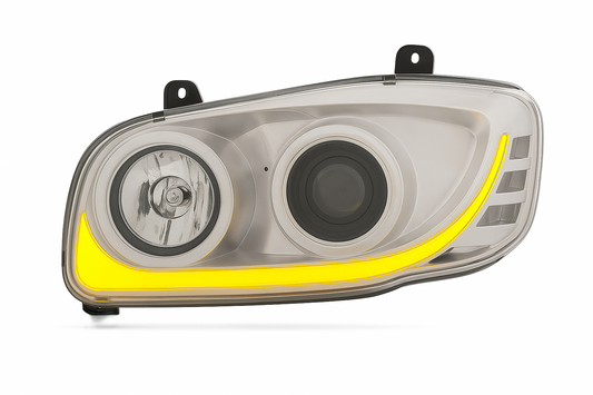 Driver Side, Chrome Housing, Halogen with Projection low beam,White LED Light Bar w/Amber turn signal function