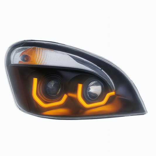 Passenger Side, Halogen, Black Housing, Amber LED light bar with turn signal function, Amber LED DRL