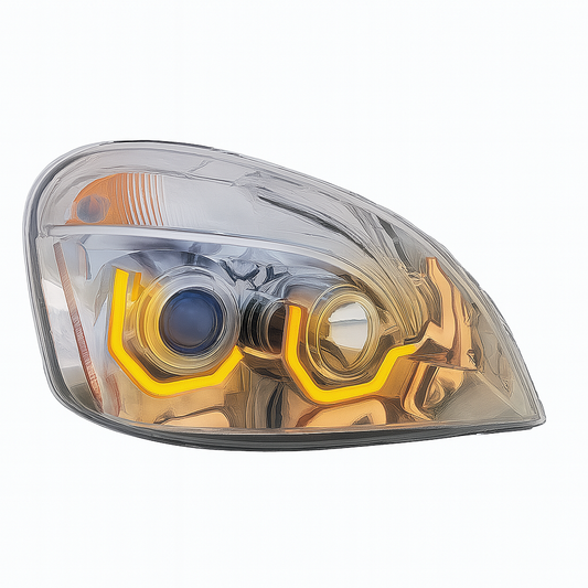 Passenger Side, Halogen, Chrome Housing, Amber LED light bar with turn signal function, Amber LED DRL