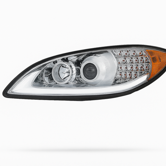 Driver Side, Halogen Projection Headlight, Chrome Housing, White LED Light Bar, LED Turn Signal
