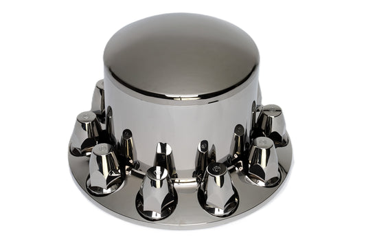 ABS Black Chrome Rear Axle Cover Kit with Removable Cap, 10 Lugs, 33mm Nut Cover size, Threaded, with flange