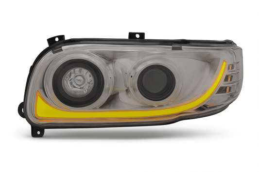 Driver Side, Chrome Housing, LED Low and Hi Beam, Projection low beam, White LED Light Bar w/Amber turn signal function