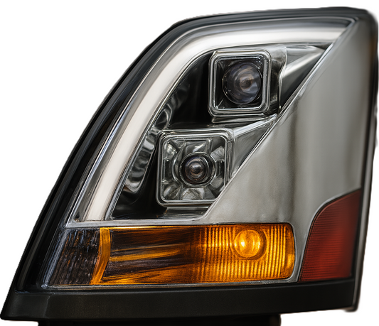 Driver Side, Chrome Housing, Halogen, with Amber Refl and LED Light Bar