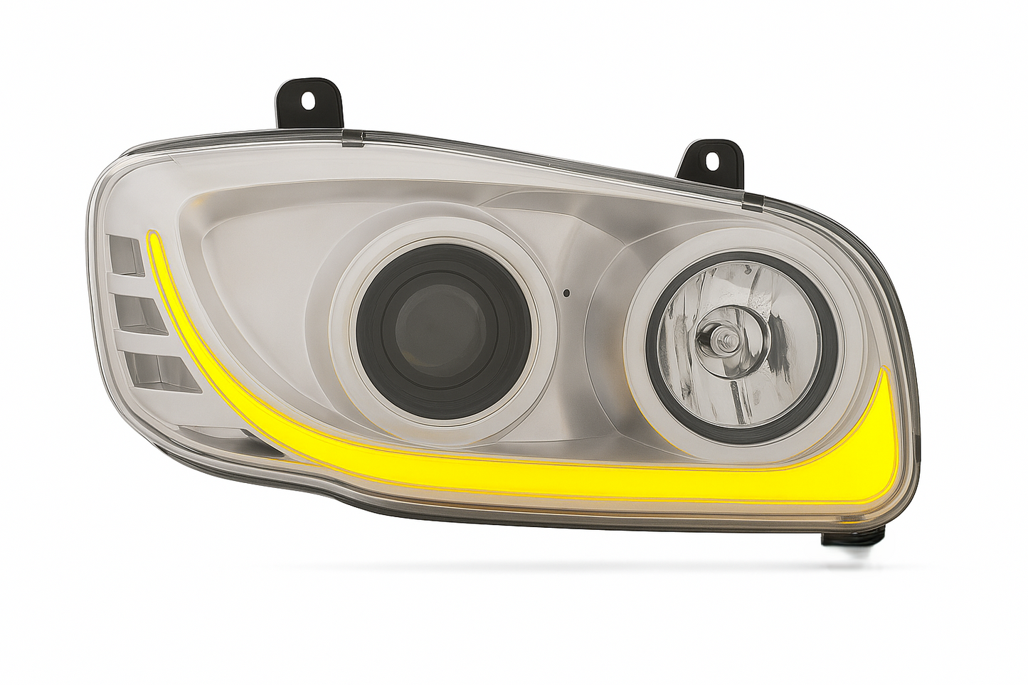 Passenger Side, Chrome Housing, Halogen with Projection low beam,White LED Light Bar w/Amber turn signal function