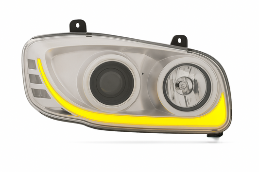 Passenger Side, Chrome Housing, Halogen with Projection low beam,White LED Light Bar w/Amber turn signal function