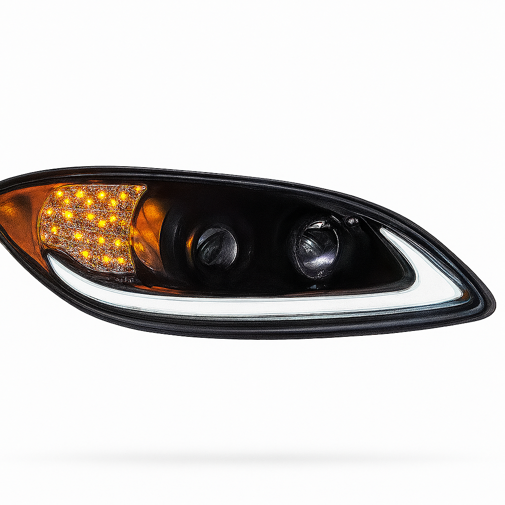 Passenger Side, Halogen Projection Headlight, Black Housing, White LED Light Bar, LED Turn Signal