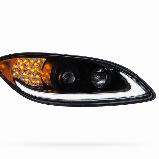 Passenger Side, Halogen Projection Headlight, Black Housing, White LED Light Bar, LED Turn Signal